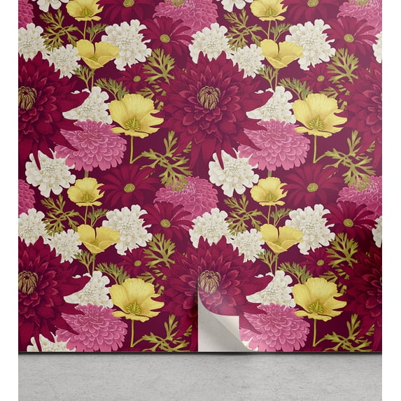 Ambesonne Floral Boho Peel & Stick Wallpaper for Home, Leafy Flowers Dreamy, 13"x72", Pastel Pink Raspberry