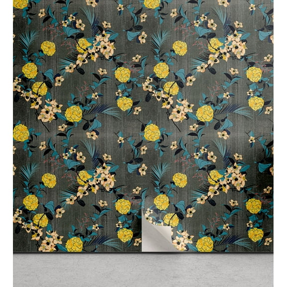 Ambesonne Floral Boho Peel & Stick Wallpaper for Home, Summer Flowers Leaves, 13"x36", Yellow Dark Turquoise