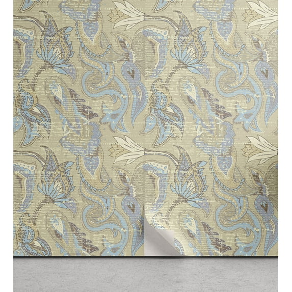 Ambesonne Floral Boho Peel & Stick Wallpaper for Home, Vintage Flowers Motif, 13"x72", Pale Camel Pale Sky Blue
