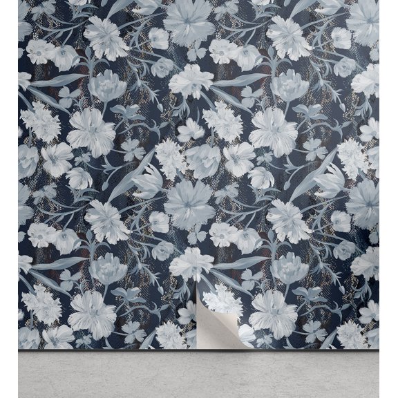 Ambesonne Floral Boho Peel & Stick Wallpaper for Home, Vintage Retro Petals, 13"x36", Slate Blue Soft Blue