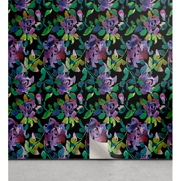 Ambesonne Floral Boho Peel & Stick Wallpaper for Home, Watercolor Jungle Print, 13"x36", Fern Green Pale Lilac
