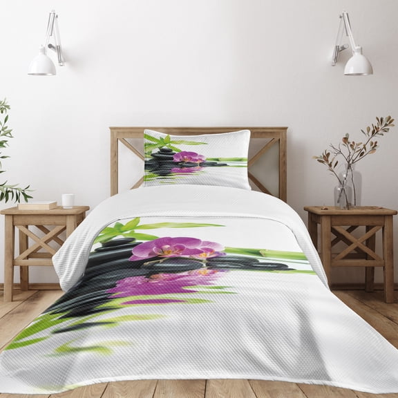 Ambesonne Floral Boho Quilted Bedspread Set 2 Pcs, Orchid and Flower Print, Twin Size, Purple and Black