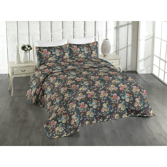 Ambesonne Floral Boho Quilted Bedspread Set 3 Pcs, Art Blooming Flowers, King, Dark Taupe Multicolor