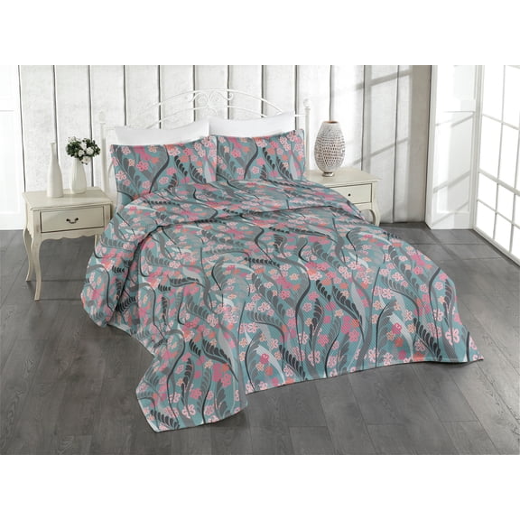 Ambesonne Floral Boho Quilted Bedspread Set 3 Pcs, Simple Falling Blooms, Queen, Cadet Blue Pale Pink