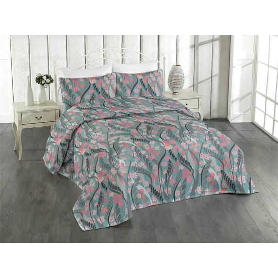 Ambesonne Floral Boho Quilted Bedspread Set 3 Pcs, Simple Falling Blooms, Twin, Cadet Blue Pale Pink