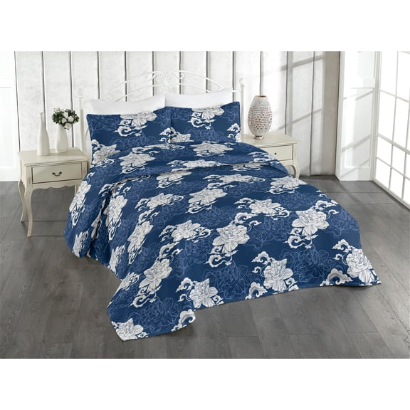 Ambesonne Floral Boho Quilted Bedspread Set 3 Pcs, Simple Jasmine Print, King, Dark Indigo Eggshell