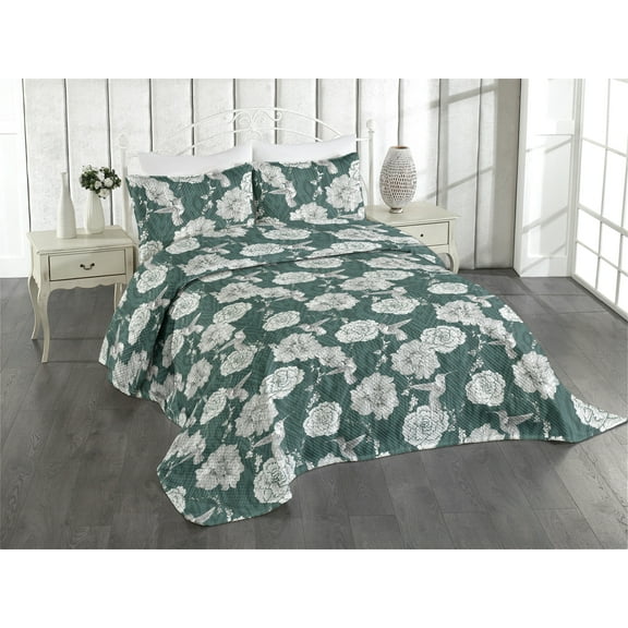 Ambesonne Floral Boho Quilted Coverlet 2 Pcs, Art Peony Hummingbird, Twin Size, Jade Green and Ivory