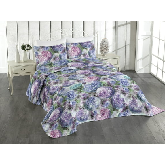 Ambesonne Floral Boho Quilted Coverlet 2 Pcs, Watercolor Blooms Art, Twin Size, Lavender Blue Pale Lilac