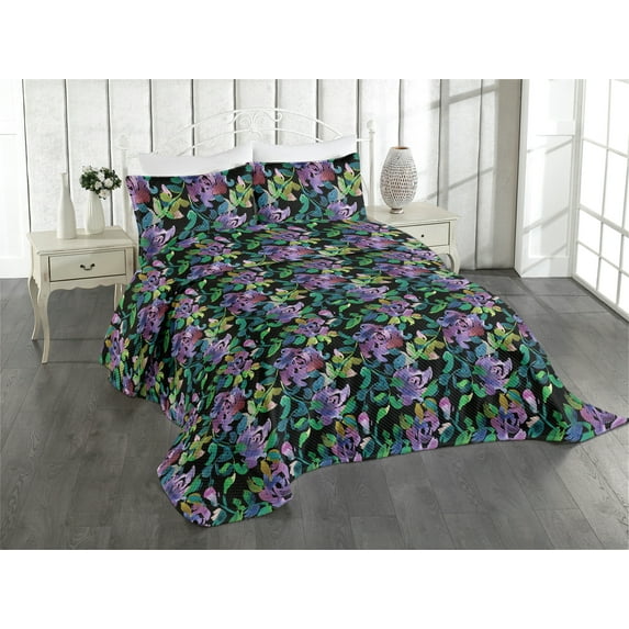 Ambesonne Floral Boho Quilted Coverlet 2 Pcs, Watercolor Jungle Print, Twin Size, Fern Green Pale Lilac