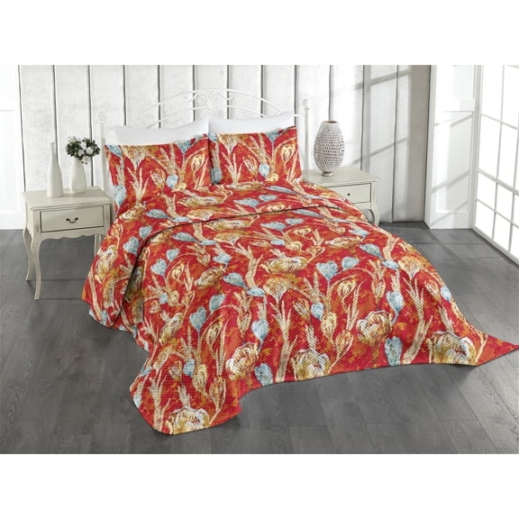 Ambesonne Floral Boho Quilted Coverlet 3 Pcs, Blooming Roses Print, King Size, Vermilion and Seafoam