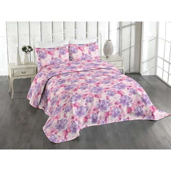 Ambesonne Floral Boho Quilted Coverlet 3 Pcs, Chill 90s Blooming Rose, King Size, Magenta Blue Violet Blush
