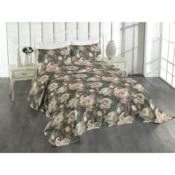 Ambesonne Floral Boho Quilted Coverlet 3 Pcs, Melancholic Flowers Art, King Size, Pale Peach Jade Green