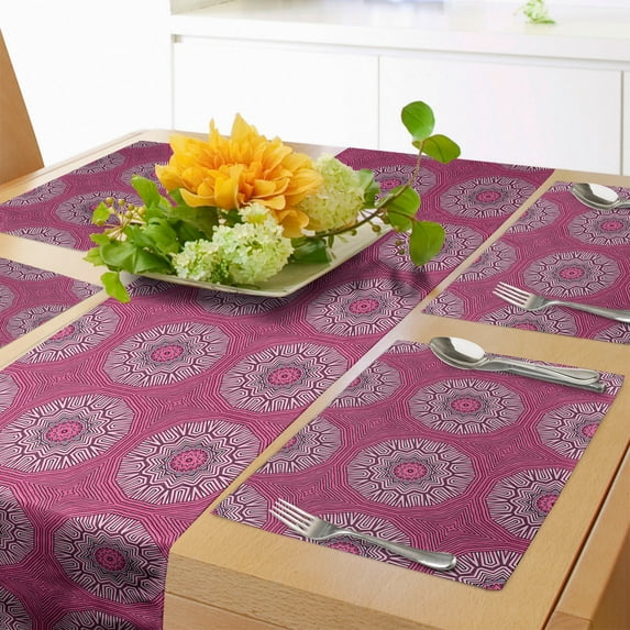 Ambesonne Floral Boho Table Runner & Placemats, Maze Like Mandala Form, Placemat 4 pcs + Runner 16"x90", Pink and Pale Mauve