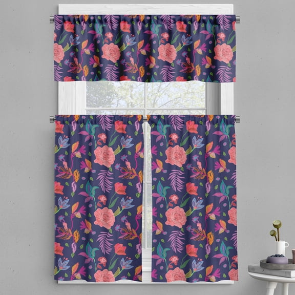 Ambesonne Floral Boho Valance & Curtain, Folk Art Tulips Roses, 55"x30", Indigo Coral Blush