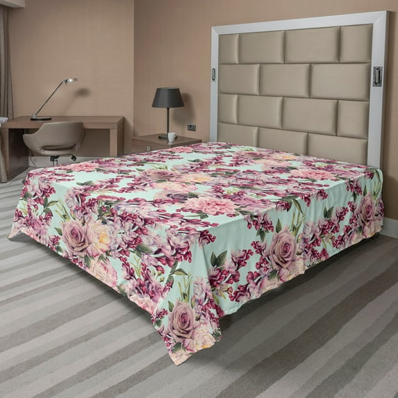 Ambesonne Floral Cottagecore Flat Bedding Sheet Soft Top Sheet, Blooming Lilacs, Full, Seafoam Lilac and Raspberry