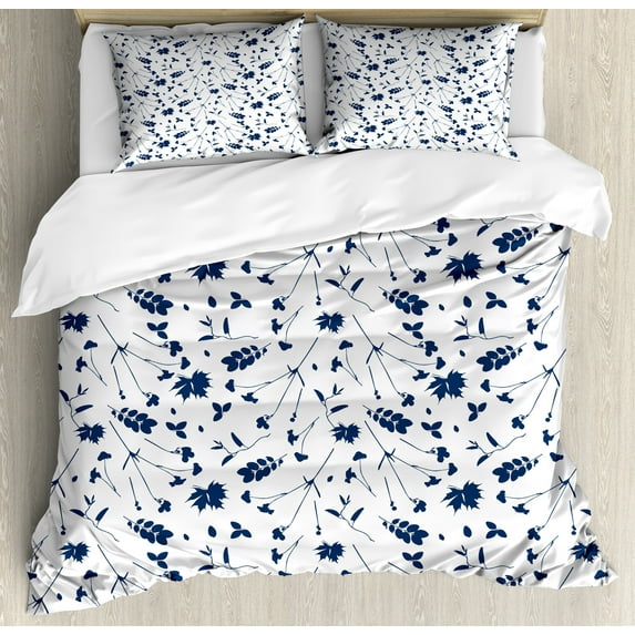 Ambesonne Floral Country Duvet Cover Sets, Autumn Time Branches, 2-King, Night Blue and White