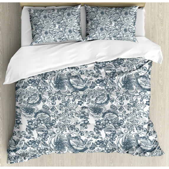 Ambesonne Floral Country Duvet Cover Sets, Sketchy Wild Flowers, 2-King, Purpleblue White