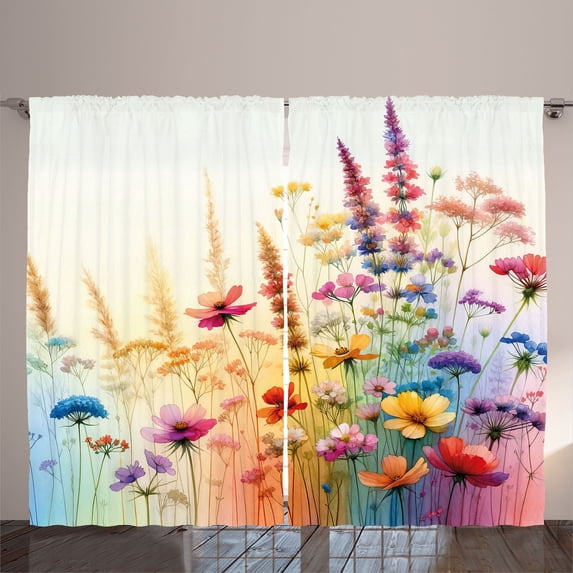 Ambesonne Floral Curtains 2 Panel Set, Delicate Branches on Colors, 108" x 108", Mustard Blue and Purple
