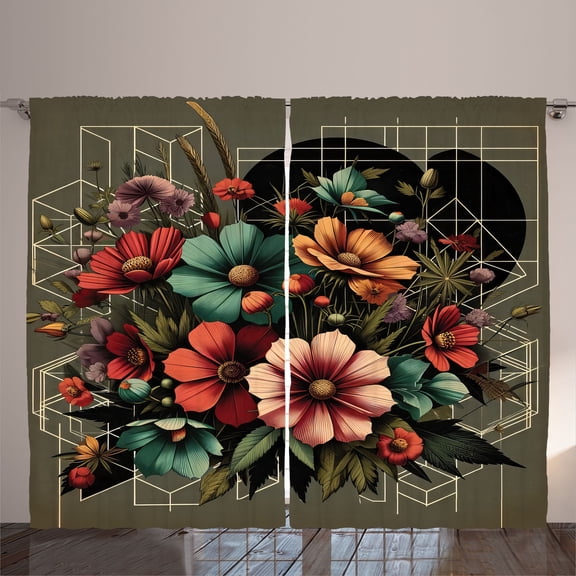 Ambesonne Floral Curtains 2 Panel Set, Futurist Scene of Flowers, 108" x 108", Slate Brown Seafoam Coral