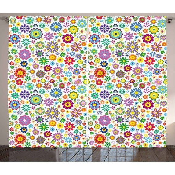 Ambesonne Floral Curtains 2 Panel Set, Hippie Cheerful, 108" x 63", Multicolor