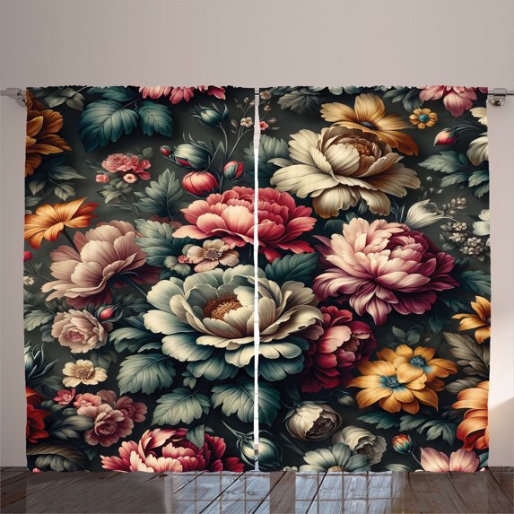 Ambesonne Floral Curtains 2 Panel Set, Jumble Garden Peony Flowers, 108" x 96", Pale Ruby Laurel Green