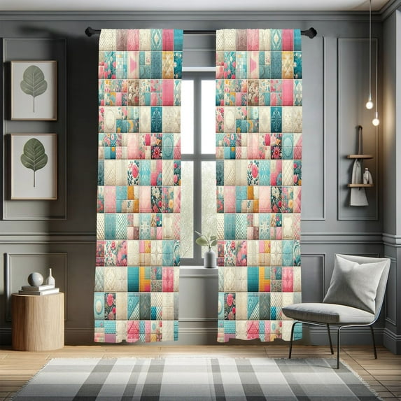 Ambesonne Floral Curtains 2 Panel Set, Patchwork Inspired Vintage, Pair of - 28" x 84", Eggshell Pink Teal