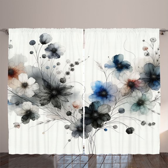 Ambesonne Floral Curtains 2 Panel Set, Simplistic Watercolor Flower, 108" x 63", Grey Blue Pale Rust