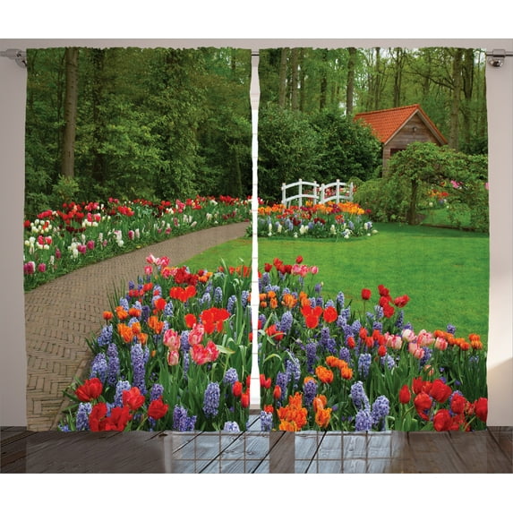 Ambesonne Floral Curtains 2 Panel Set, Spring Garden Forest, 108" x 84", Green and Purple