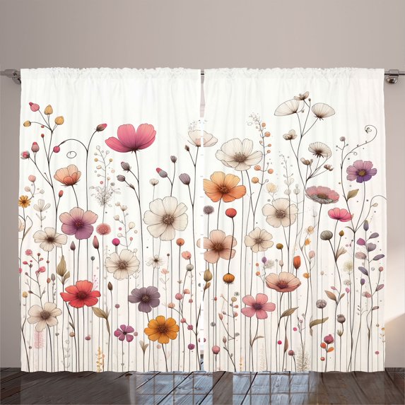 Ambesonne Floral Curtains 2 Panel Set, Thin Line Flower Meadow Art, 108" x 84", Pink Off White and Mauve