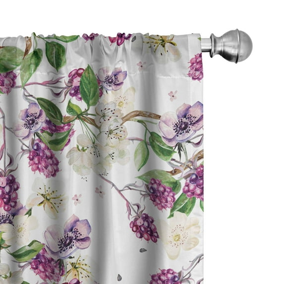 Ambesonne Floral Curtains, Blackberries Anemone Flowers, Pair of 28"x95", Pale Fuchsia Green White