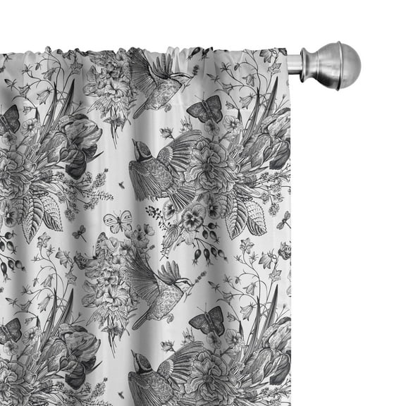 Ambesonne Floral Curtains, Detailed Engraving Spring, Pair of 28"x63", Charcoal Grey and White