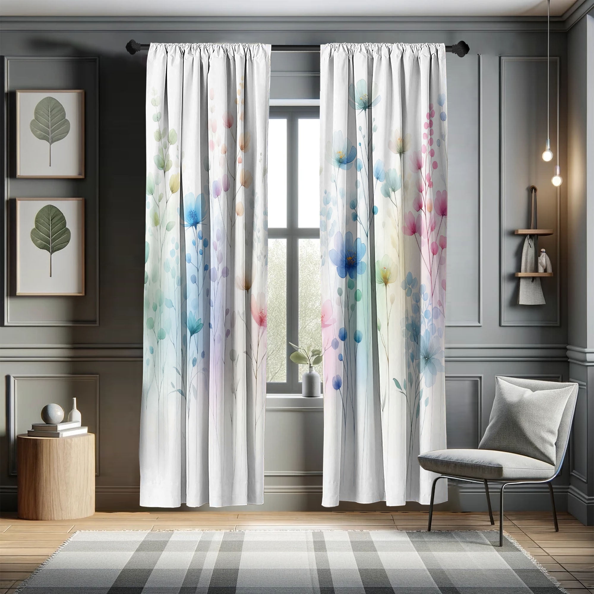 Floral Multicolor Microfiber Rod Pocket Curtain Panels, 28" x 84"