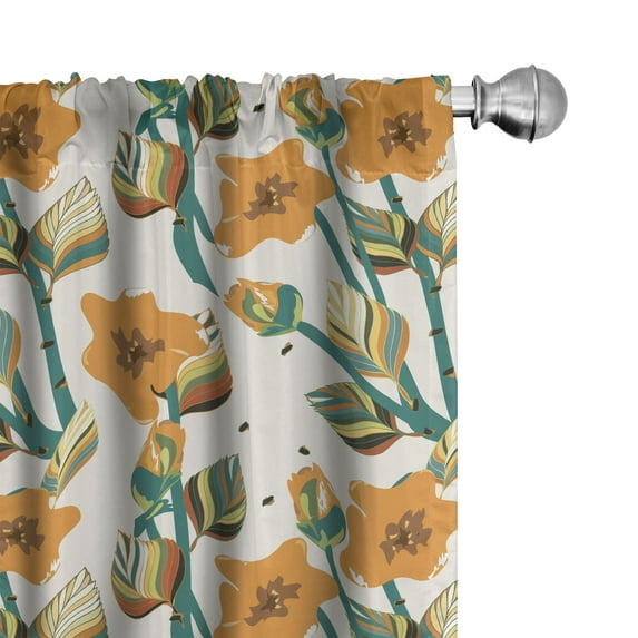 Ambesonne Floral Curtains, Flowers Colorful Lines Plot, Pair of 28"x84", Orange and Pale Petrol Blue