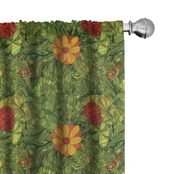Ambesonne Floral Curtains, Fractal Retro Jungle Art, Pair of 28"x84", Olive Green Vermilion