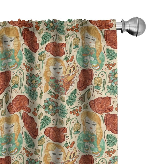 Ambesonne Floral Curtains, Girls Cats and Birds, Pair of 28"x95", Multicolor