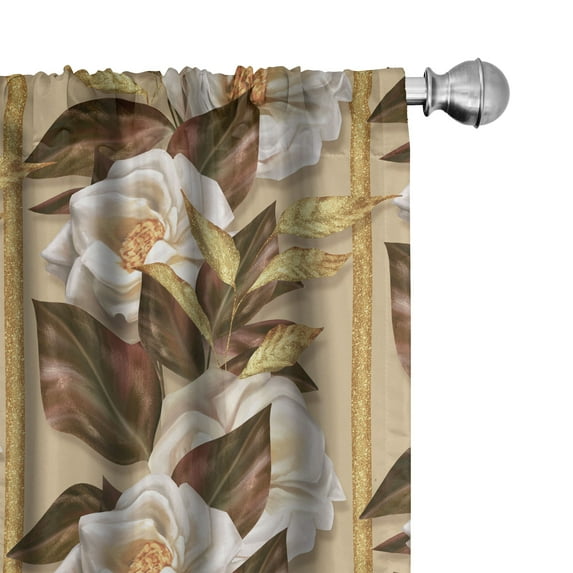 Ambesonne Floral Curtains, Gold Leaves White Flowers, Pair of 28"x95", Pale Coffee Khaki and Amber