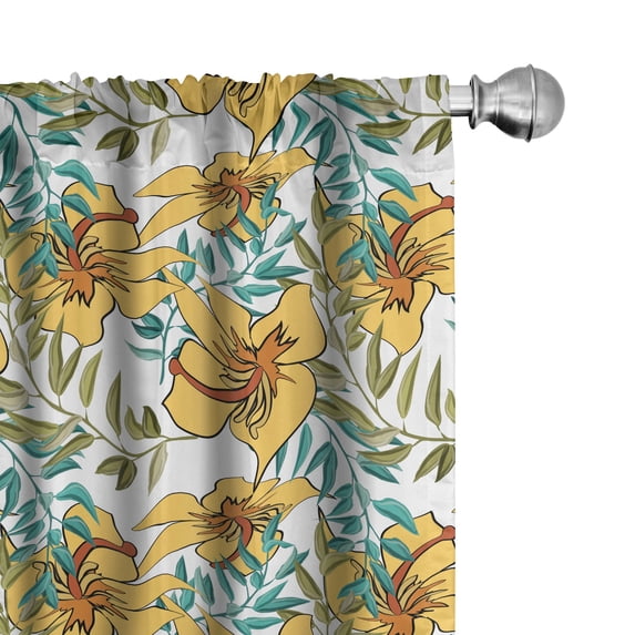 Ambesonne Floral Curtains, Hibiscuses and Leaves Plot, Pair of 28"x84", Mustard Dark Seafoam