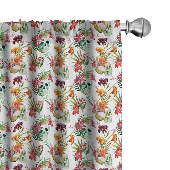Ambesonne Floral Curtains, Lilies Blossoms Skull, Pair of 28"x84", Pink Orange Green