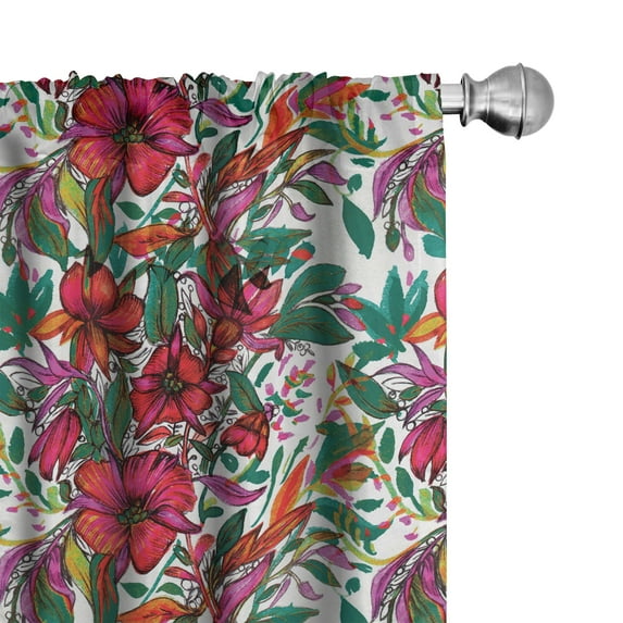 Ambesonne Floral Curtains, Lily Flower Bouquet Retro, Pair of 28"x84", Red Forest Green Coconut