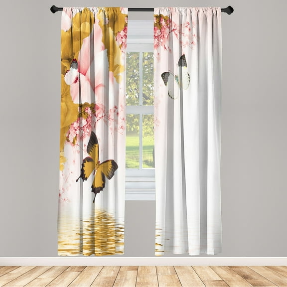 Ambesonne Floral Curtains, Lily on Water Butterflies, Pair of 28"x84", Mustard Rose