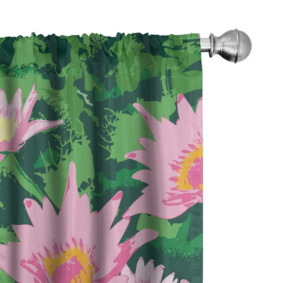 Ambesonne Floral Curtains, Lotus Flowers Continuous Art, Pair of 28"x63", Soft Pink and Forest Green