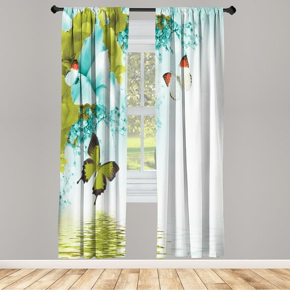 Ambesonne Floral Curtains, Monarch Butterflies on Lily, Pair of 28"x63", Avocado Green