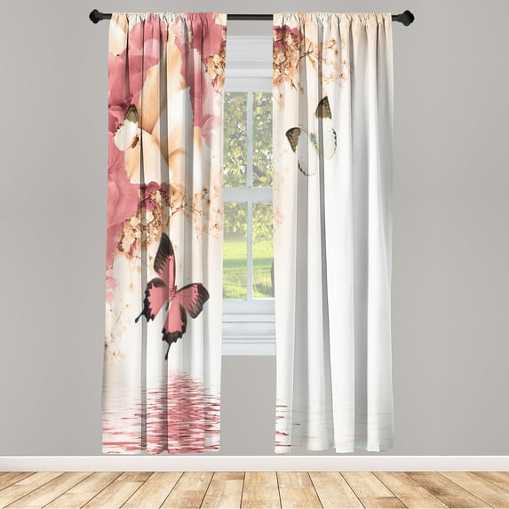 Ambesonne Floral Curtains, Monarch Butterflies on Lily, Pair of 28"x63", Pale Peach