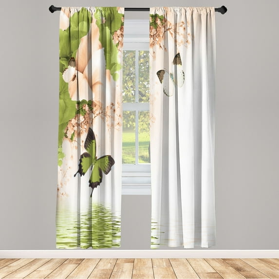 Ambesonne Floral Curtains, Monarch Butterflies on Lily, Pair of 28"x95", Apple Green