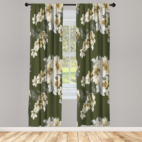 Ambesonne Floral Curtains, Pair of 28"x84", Army Green