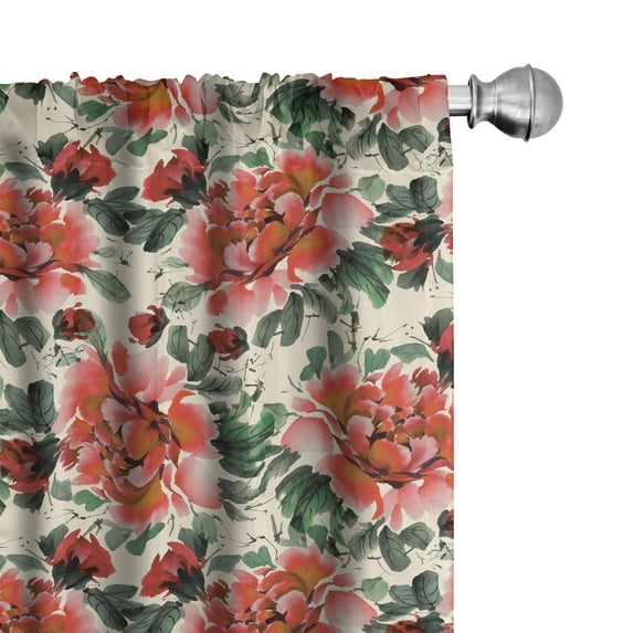 Ambesonne Floral Curtains, Peonies Scenery Watercolor, Pair of 28"x63", Burnt Orange and Sage Green