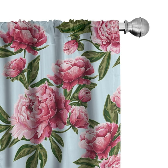 Ambesonne Floral Curtains, Peonies and Sky Art Print, Pair of 28"x95", Pink Green and Soft Blue
