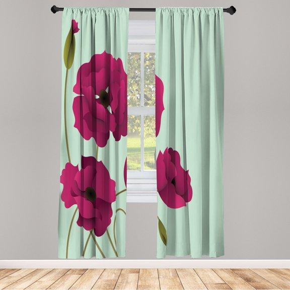 Ambesonne Floral Curtains, Poppy Flowers Buds Pastoral, Pair of 28"x63", Almond Green