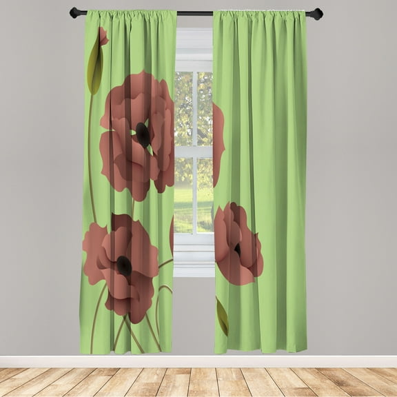 Ambesonne Floral Curtains, Poppy Flowers Buds Pastoral, Pair of 28"x63", Pictachio Green