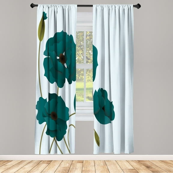Ambesonne Floral Curtains, Poppy Flowers Buds Pastoral, Pair of 28"x63", Teal Khaki